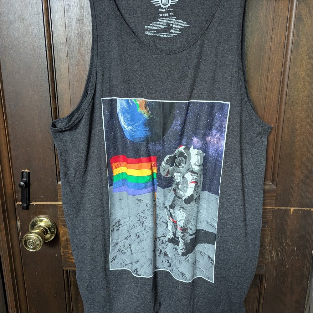 Gray muscle tank with pride flag astronaut graphic
